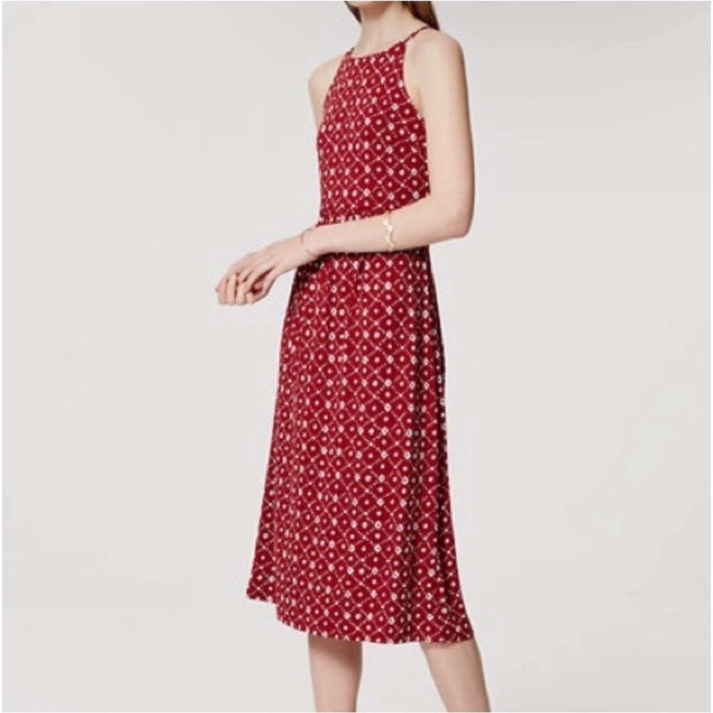 Like New Loft Red & White Halter Midi Dress